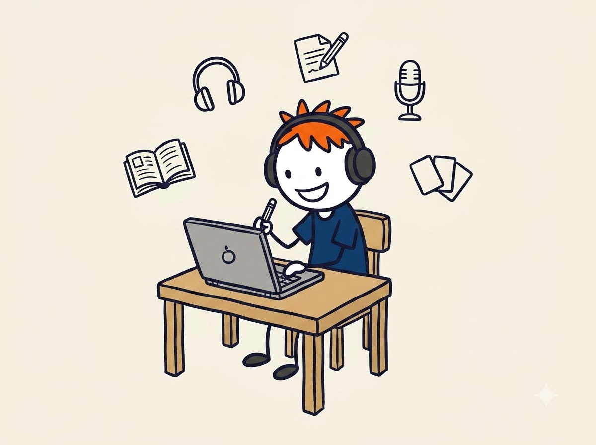 Bạn nhỏ đeo tai nghe ngồi luyện IELTS trên laptop, xung quanh là icon sách, tai nghe, bút, micro và thẻ từ vựng