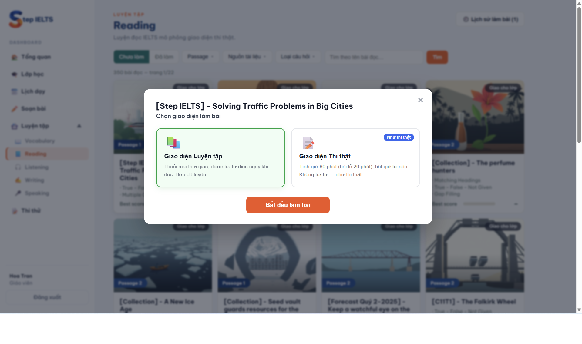 Popup chọn chế độ Luyện tập / Thi thật