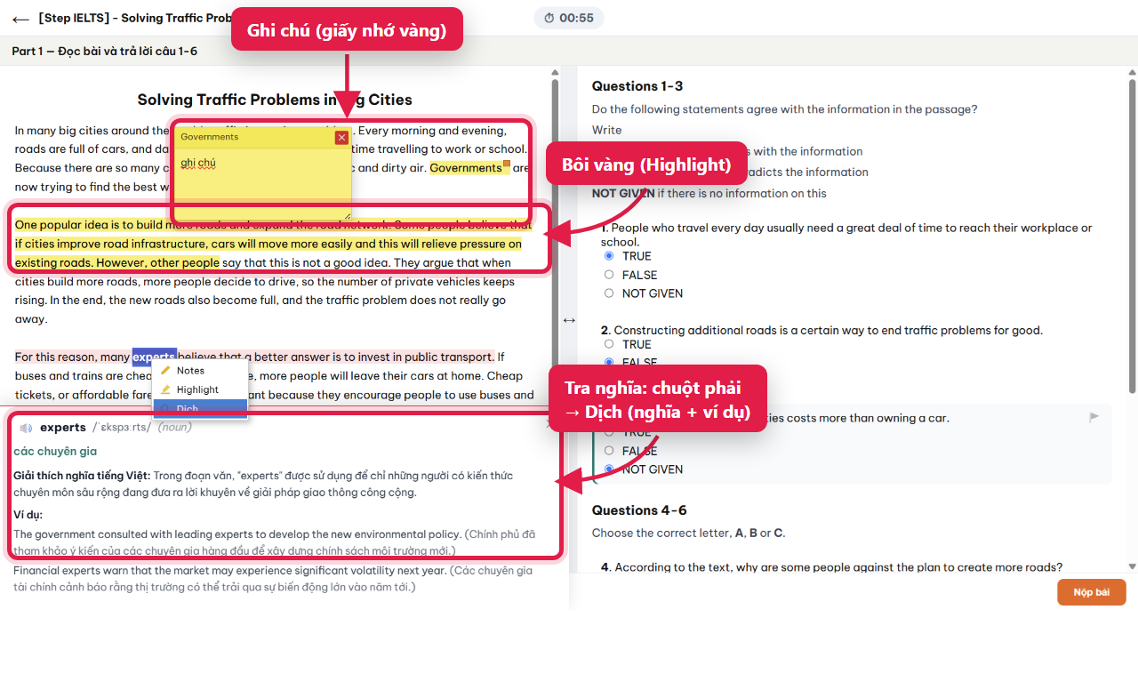 Ba công cụ hỗ trợ khi đọc: tra từ, highlight, ghi chú